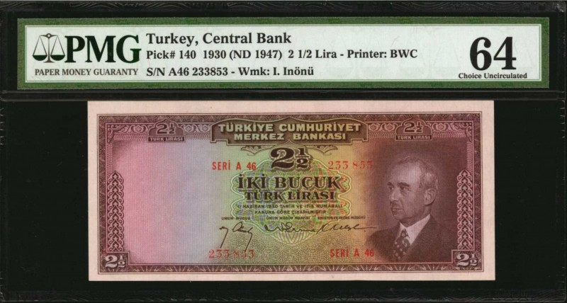 TURKEY. Central Bank. 2 1/2 Lira, 1930 (ND 1947). P-140. PMG Choice Uncirculated...