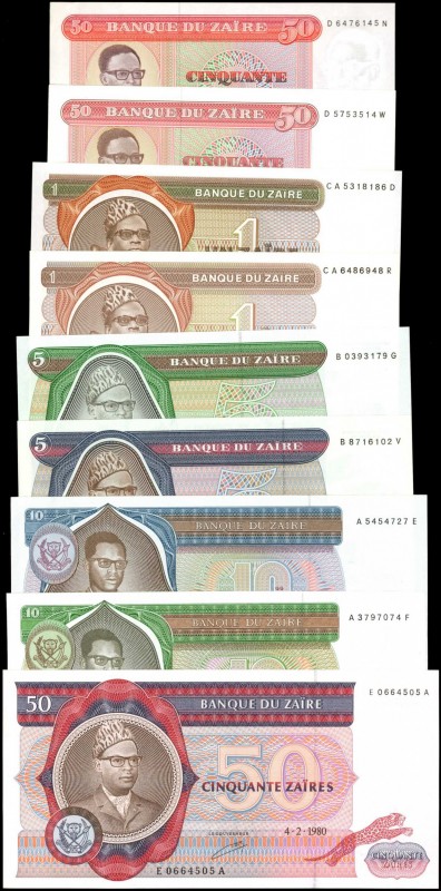 ZAIRE. Banque du Zaire. 50 Makuta to 50 Zaires, 1972-1981. P-16c, 17a, 18b, 19a,...