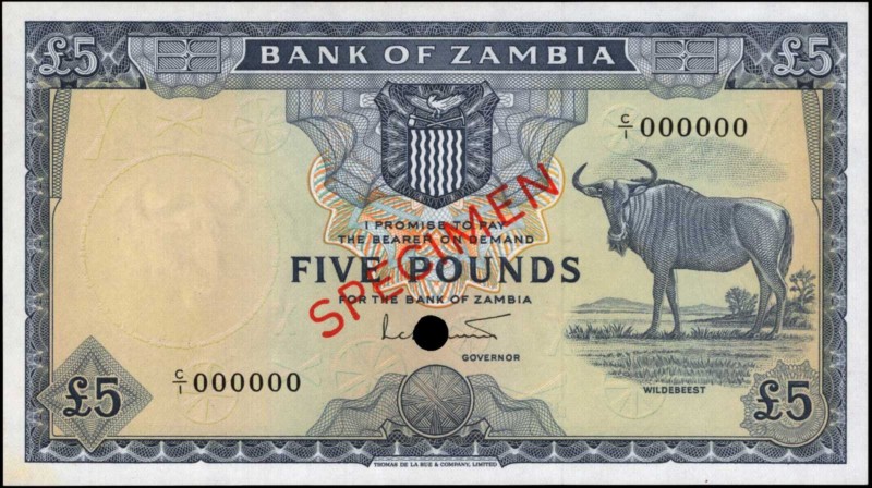 ZAMBIA. Bank of Zambia. 5 Pounds, ND (1964). P-3. Specimen. Uncirculated.
Red s...