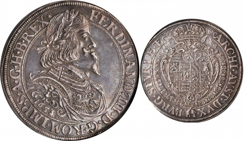 AUSTRIA. Taler, 1653. Graz Mint. Ferdinand III. NGC AU-58.
Dav-3190; KM-957. A ...