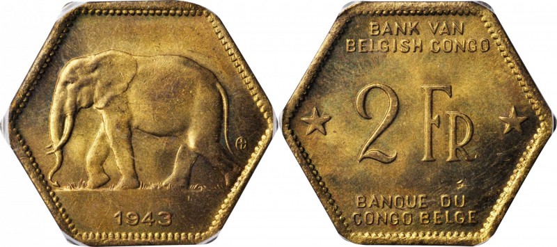 BELGIAN CONGO. 2 Francs, 1943. PCGS MS-64.
KM-25. Choice quality for this popul...