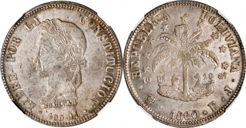 BOLIVIA. 8 Soles, 1860-PTS FJ. Potosi Mint. NGC AU-58.
KM-138.6. Presenting jus...