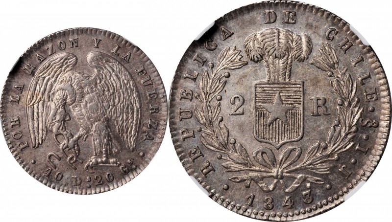 CHILE. 2 Reales, 1843-So IJ. Santiago Mint. NGC MS-61.
KM-94.2. Extremely elusi...