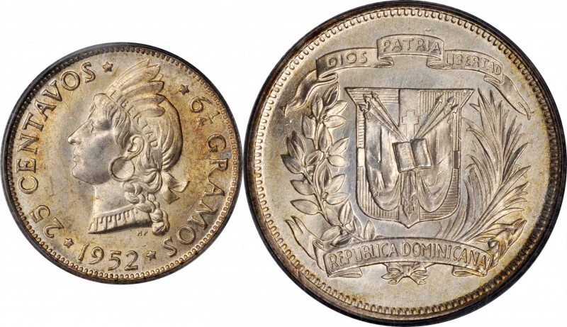 DOMINICAN REPUBLIC. 25 Centavos, 1952. London Mint. PCGS MS-66.
KM-20. A resoun...