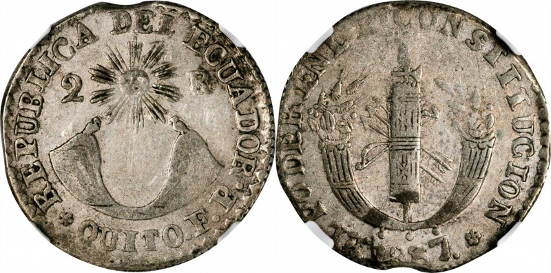 ECUADOR. 2 Reales, 1837-FP. Quito Mint. NGC VF-30.
KM-21. Transposed legends ty...