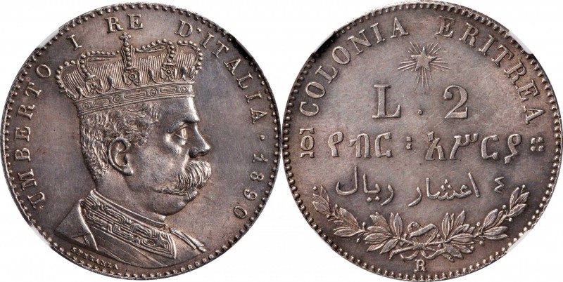 ERITREA. 2 Lira, 1890-R. Rome Mint. Umberto I. NGC MS-63.
KM-3. A sharply struc...