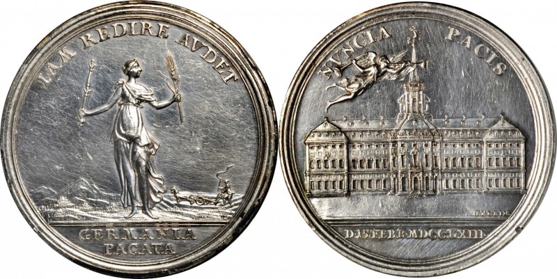 GERMANY. Prussia. Peace of Hubertusburg Silver Medal, 1763. CHOICE ALMOST UNCIRC...