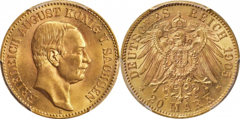 GERMANY. Saxony. 20 Mark, 1905-E. Muldenhutten Mint. PCGS MS-64+ Gold Shield.
F...