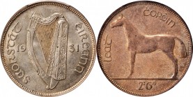 IRELAND. 1/2 Crown, 1931. PCGS MS-63 Gold Shield.
KM-8. A sharply struck and softly lustrous coin with strong obverse toning.
Estimate: $500.00- $80...