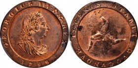 ISLE OF MAN. 1/2 Penny, 1798. Soho (Birmingham) Mint. George III. PCGS MS-63 Red Brown Gold Shield.
S-7416; KM-10. None finer graded at PCGS. A well ...