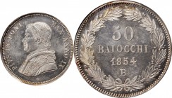ITALY. Papal States. 50 Baiocchi, 1854-B Year IX. Bologna Mint. Pius IX. PCGS MS-65+ Gold Shield.
KM-1357. Mintage: 2718. The sole certified example ...