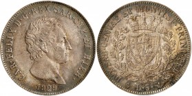 ITALY. Sardinia. 5 Lire, 1829-P. Genoa Mint. Carlo Felice. PCGS AU-58 Gold Shield.
KM-116.2; Dav-135. Tied for the finest certified by PCGS. A SCARCE...