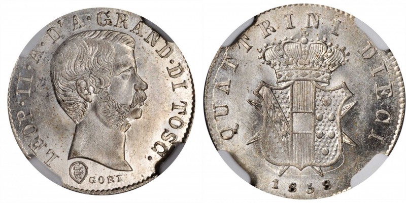 ITALY. Tuscany. 10 Quattrini, 1858. Florence Mint. Leopold II. NGC MS-64.
KM-C-...