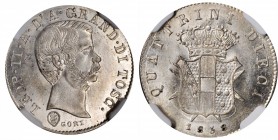 ITALY. Tuscany. 10 Quattrini, 1858. Florence Mint. Leopold II. NGC MS-64.
KM-C-67. A SCARCE one year type, this blazing argent minor offers intense l...