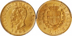 ITALY. Kingdom. 10 Lire, 1863-T BN. Turin Mint. Vittorio Emanuele II. PCGS MS-62 Gold Shield.
Fr-15; KM-9.2. Diameter: 18.5 mm. An attractive example...