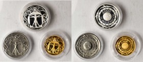 ITALY. III Millennium Medal Set (3 Pieces), 2000. Rome Mint. Grade Range: GEM UNCIRCULATED to GEM PROOF.
1) Gold Medal, 15.5 gms. Gem PROOF. 2) Silve...