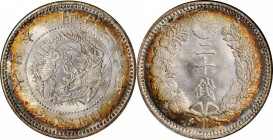 JAPAN. 20 Sen, Year 20 (1887). Osaka Mint. NGC MS-66.
KM-Y-24; JNDA-01-21. An incredible specimen that is sure to delight any fan of iridescence, the...