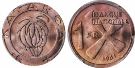 KATANGA. Franc, 1961. PCGS SPECIMEN-66 Red Brown Gold Shield.
KM-1. Incredibly alluring and attractive, this red-brown specimen offers an intense and...