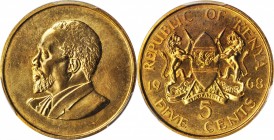 KENYA. 5 Cents, 1968. PCGS SPECIMEN-64 Gold Shield.
KM-1. A shimmering and radiant near-Gem, this example is exceeded in the PCGS census by just two ...