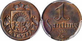LATVIA. Santims, 1935. PCGS SPECIMEN-66 Red Brown Gold Shield.
KM-1. A popular issue, this Gem presents alluring red-brown brilliance and is clearly ...
