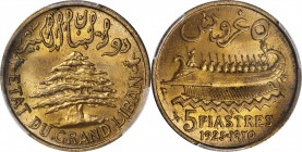 LEBANON. 5 Piastres, 1925. Paris Mint. PCGS MS-64 Gold Shield.
KM-5.1; Lec-26. Variety with two privy marks on the left. An alluring near-Gem with gr...