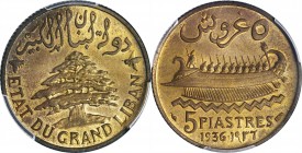 LEBANON. 5 Piastres, 1936. Paris Mint. PCGS MS-64 Gold Shield.
KM-5.2; Lec-30. Quite brilliant and alluring, with a deeper bronze character near port...