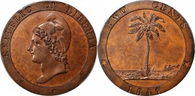 LIBERIA. 2 Cents, 1847. PCGS MS-64 Brown Gold Shield.
KM-2. Always a popular type, this example stands as the finest graded in the PCGS population re...