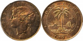 LIBERIA. Cent, 1896-H. Heaton Mint. PCGS MS-64 Red Brown Gold Shield.
KM-5. Quite shimmering and vibrant, this radiant near-Gem features a good deal ...