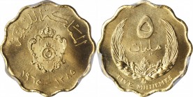 LIBYA. 5 Milliemes, 1965. PCGS SPECIMEN-66 Gold Shield.
KM-7. An exceptional scalloped-shaped issue, offering intense luster and radiance, as well as...