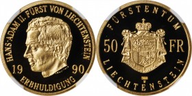 LIECHTENSTEIN. 50 Francs, 1990. NGC PROOF-70 Ultra Cameo.
Fr-25; KM-Y-23. Commemorating the accession of Hans-Adam II. A stunning and exceptional exa...