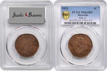 MAURITIUS. 5 Cents, 1923. PCGS MS-63 Brown Gold Shield.
KM-14. Dot below bust. Finest graded by PCGS with a Brown designation. As follows with the gr...