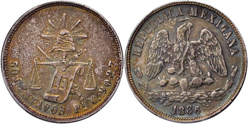 MEXICO. 50 Centavos, 1886-Pi C. San Luis Potosi Mint. PCGS AU-58 Gold Shield.
K...