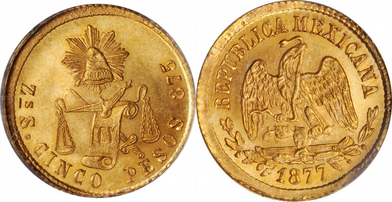 MEXICO. 5 Pesos, 1877-Zs S/A. Zacatecas Mint. PCGS MS-64.
Fr-147; KM-412.7. Fea...