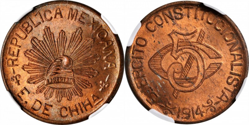 MEXICO. Chihuahua. 5 Centavos, 1914. NGC MS-64 Red Brown.
KM-613. A red-brown n...