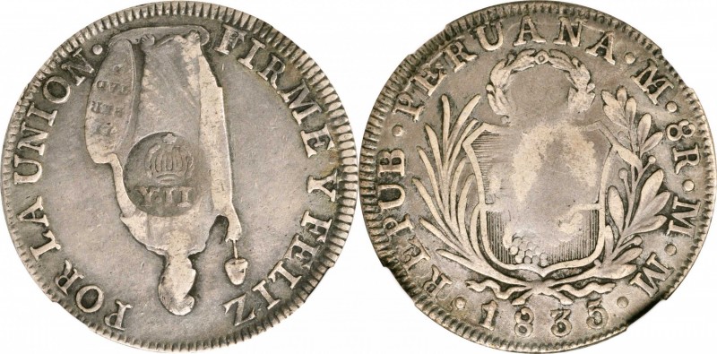 PHILIPPINES. Philippines - Peru. 8 Reales, ND (1834-37). NGC VF-25; Countermark:...