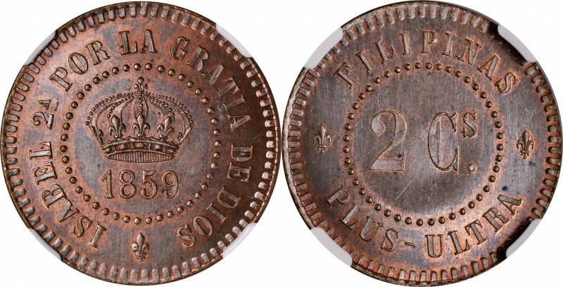 PHILIPPINES. Copper 2 Centavos Pattern, 1859. Isabel II. NGC PROOF-64 Red Brown....