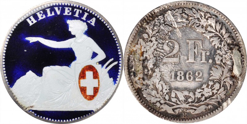 SWITZERLAND. Enameled 2 Francs, 1862-B. Bern Mint. CHOICE EXTREMELY FINE Details...