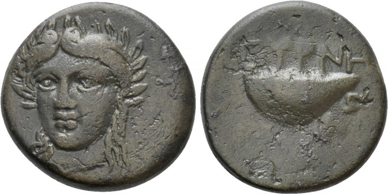 AEOLIS. Gyrneion. Ae (4th century BC). 

Obv: Laureate head of Apollo facing s...