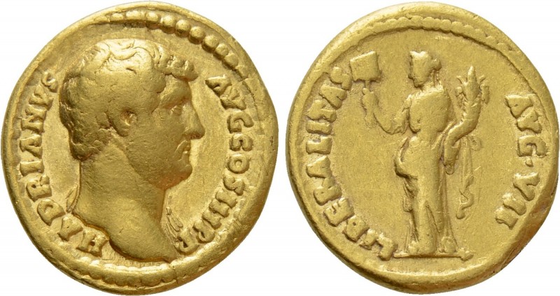 HADRIAN (117-138). GOLD Aureus. Rome.

Obv: HADRIANVS AVG COS III P P.
Laurea...