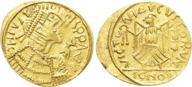 LOMBARDS. Transalpine Area. Pseudo-Imperial Coinage (circa 6th century AD). GOLD Tremissis. In the name of Justin II or Justinian I.