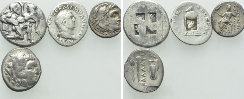 4 Greek and Roman Coins; Thasos, Vitellius, Alexander III; Kallatis. 

Obv: ....