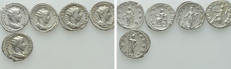 5 Antoniniani of Gordian III. 

Obv: .
Rev: .

. 

Condition: See picture...