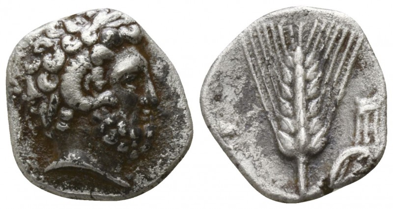 Lucania. Metapontion circa 325-275 BC.
Diobol AR

11mm., 0,87g.

Laureate h...