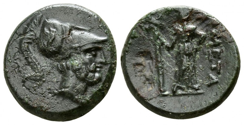 Lucania. Metapontion circa 225-200 BC.
Bronze Æ

1,6mm., 4,29g.

Helmeted h...