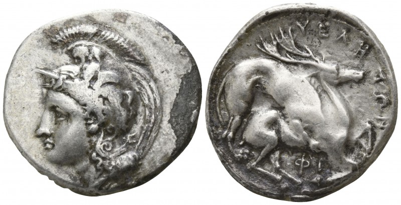 Lucania. Velia circa 350 BC.
Nomos AR

22mm., 7,39g.

Head of Athena left, ...