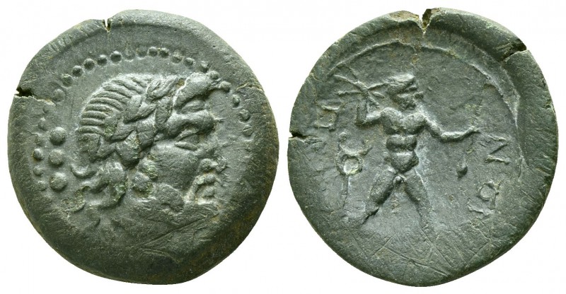 Bruttium. Petelia circa 200 BC.
Quadrans Æ

18mm., 5,06g.

Laureate head of...