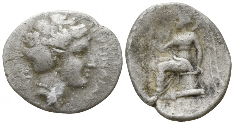 Bruttium. Terina circa 300 BC.
Drachm AR

16mm., 1,72g.

TEPINAIΩN; head of...