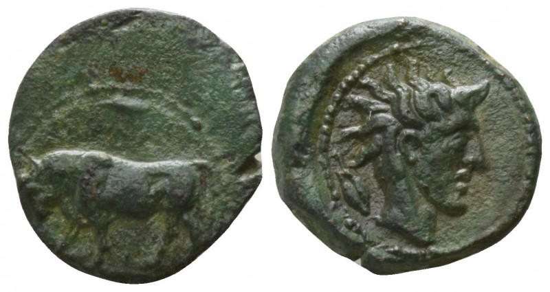 Sicily. Gela circa 420-405 BC.
Onkia AE

10mm., 1,10g.

[ΓΕΛΑΣ]; bull stand...