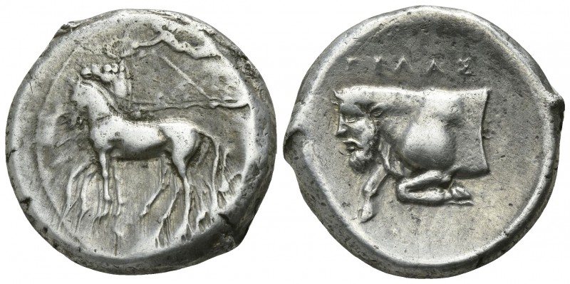 Sicily. Gela circa 420-415 BC.
Tetradrachm AR

24mm., 17,11g.

Charioteer d...
