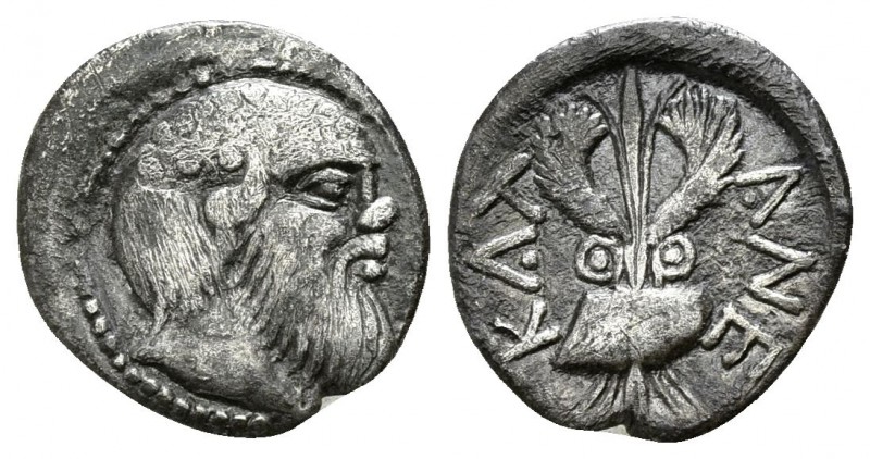 Sicily. Katane circa 450-430 BC.
Litra AR

12mm., 0,62g.

Head of Silenos r...